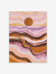 Abstract dot art print of a desert sunset or ocean scene with wavy patterns in pink, purple, orange, and brown