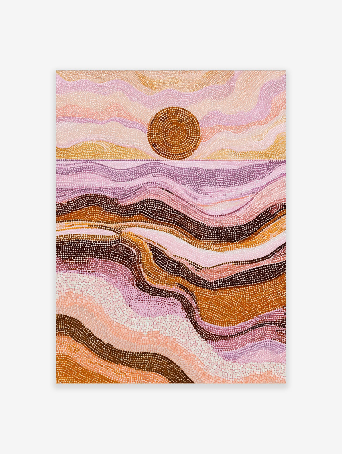Abstract dot art print of a desert sunset with a large brown sun, pink, purple, and orange wavy landforms
