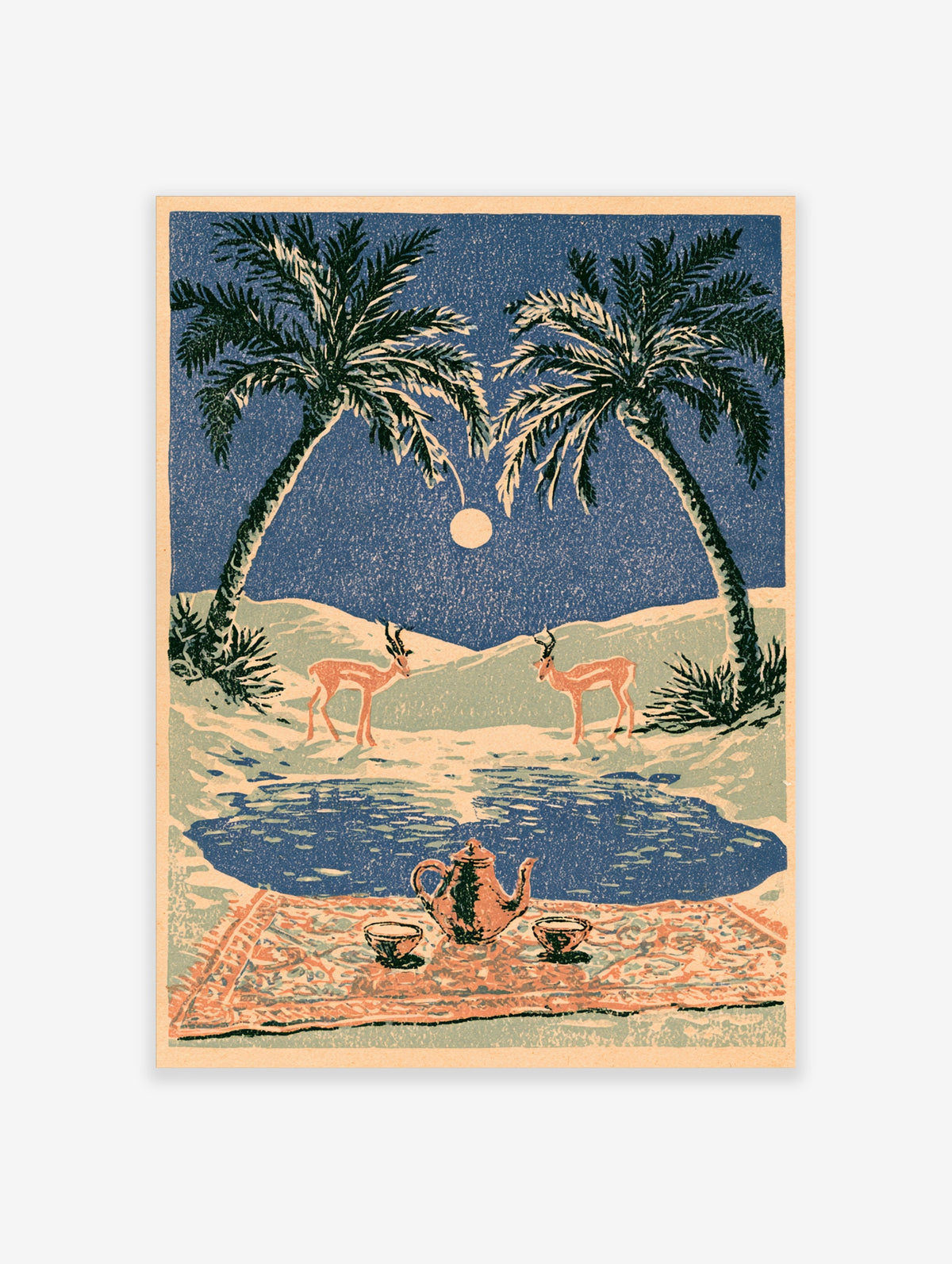 Moonlit desert oasis poster with two gazelles, palm trees, a teapot on a rug, and a blue pool
