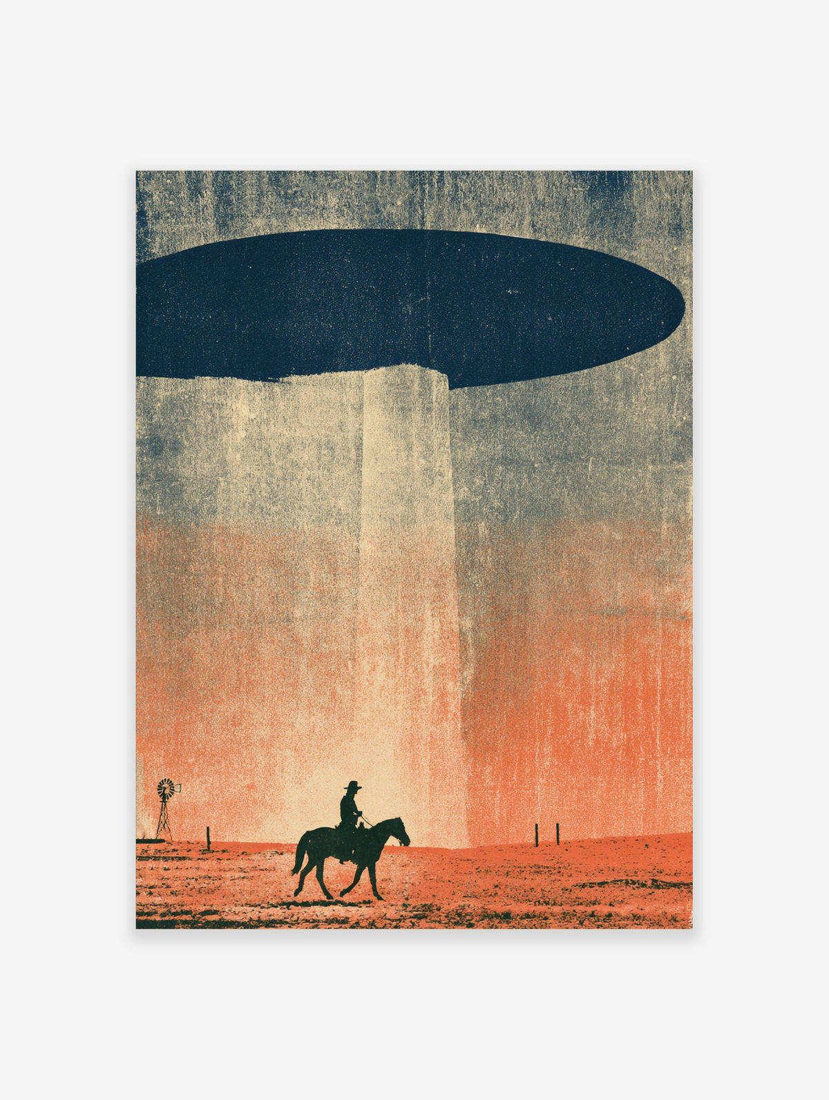 Retro sci-fi western poster of a cowboy on horseback beneath a dark UFO and pale beam in an orange desert