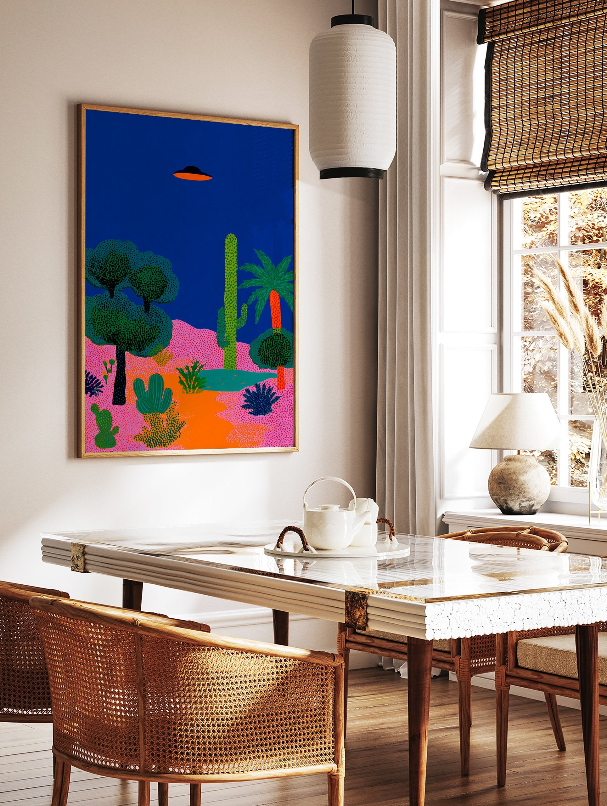 Vibrant Desert UFO poster with a black and orange flying saucer over pink hills and green cacti under a dark blue sky. - Image 2