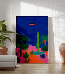 Vibrant Desert UFO poster with a black and orange flying saucer over pink hills and green cacti under a dark blue sky. - Image 3