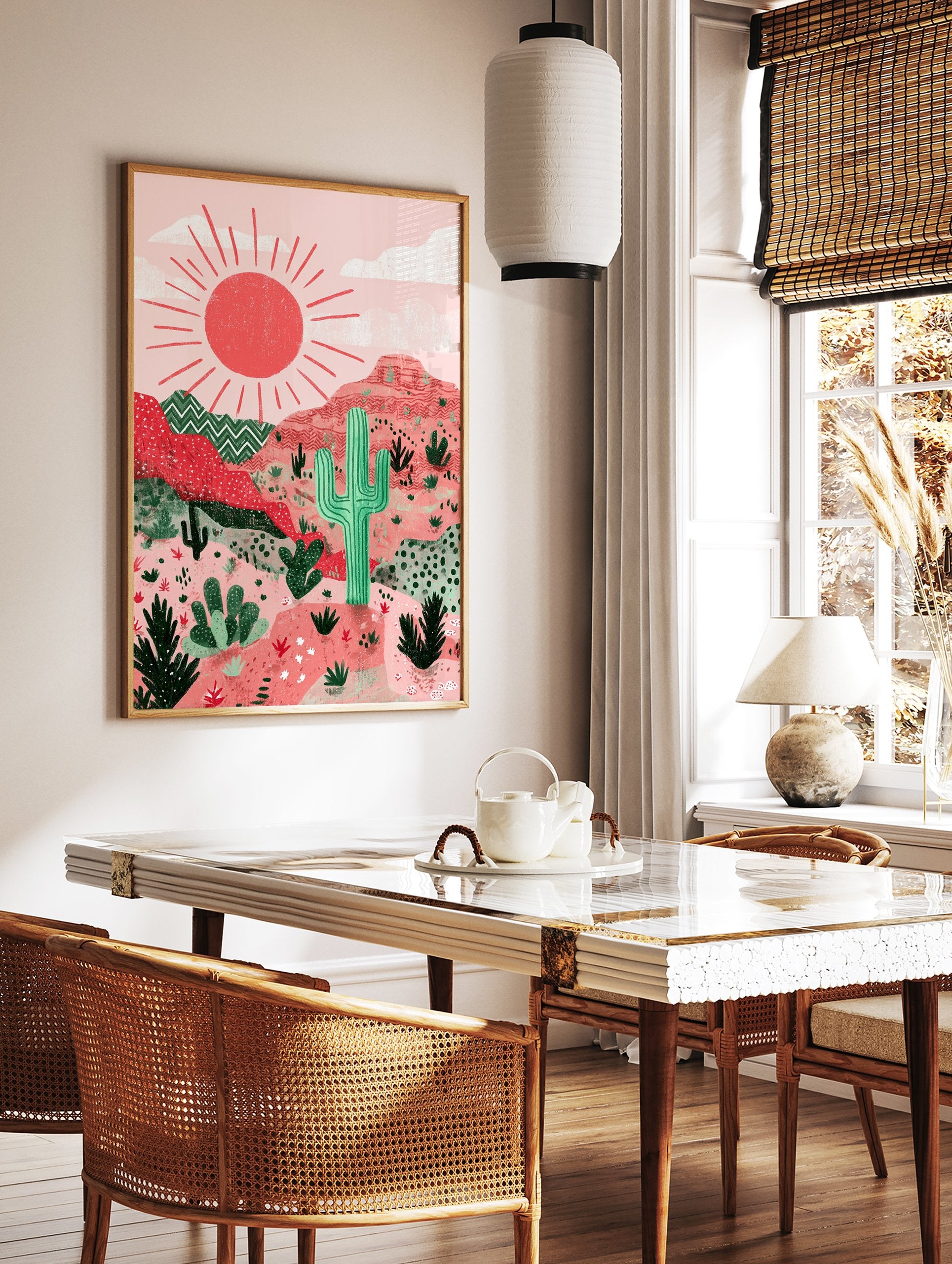 Illustrated desert wall art with a red sun, pink mountains, and green cacti, in a modern, textured style. - Image 2