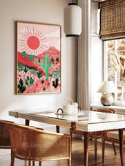 Illustrated desert wall art with a red sun, pink mountains, and green cacti, in a modern, textured style. - Image 2