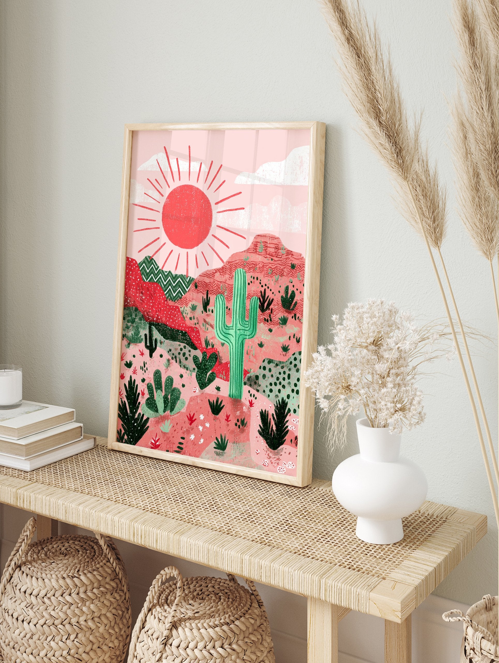 Illustrated desert wall art with a red sun, pink mountains, and green cacti, in a modern, textured style. - Image 3