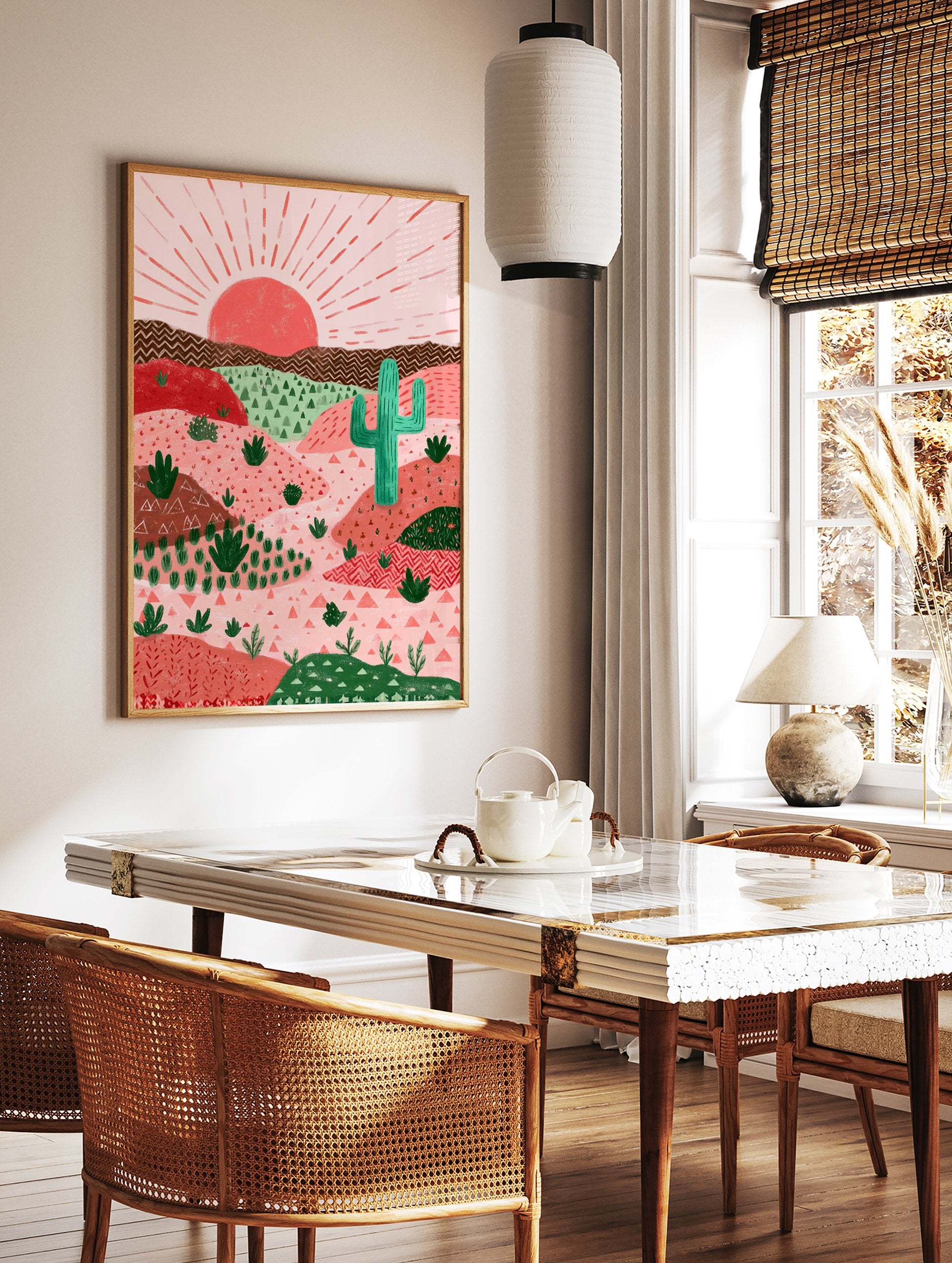 Illustrative desert wall art with pink and green hills, a red sun, and a tall green cactus in a Southwestern landscape. - Image 2