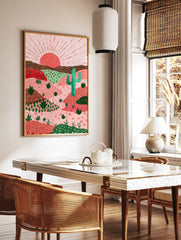 Illustrative desert wall art with pink and green hills, a red sun, and a tall green cactus in a Southwestern landscape. - Image 2