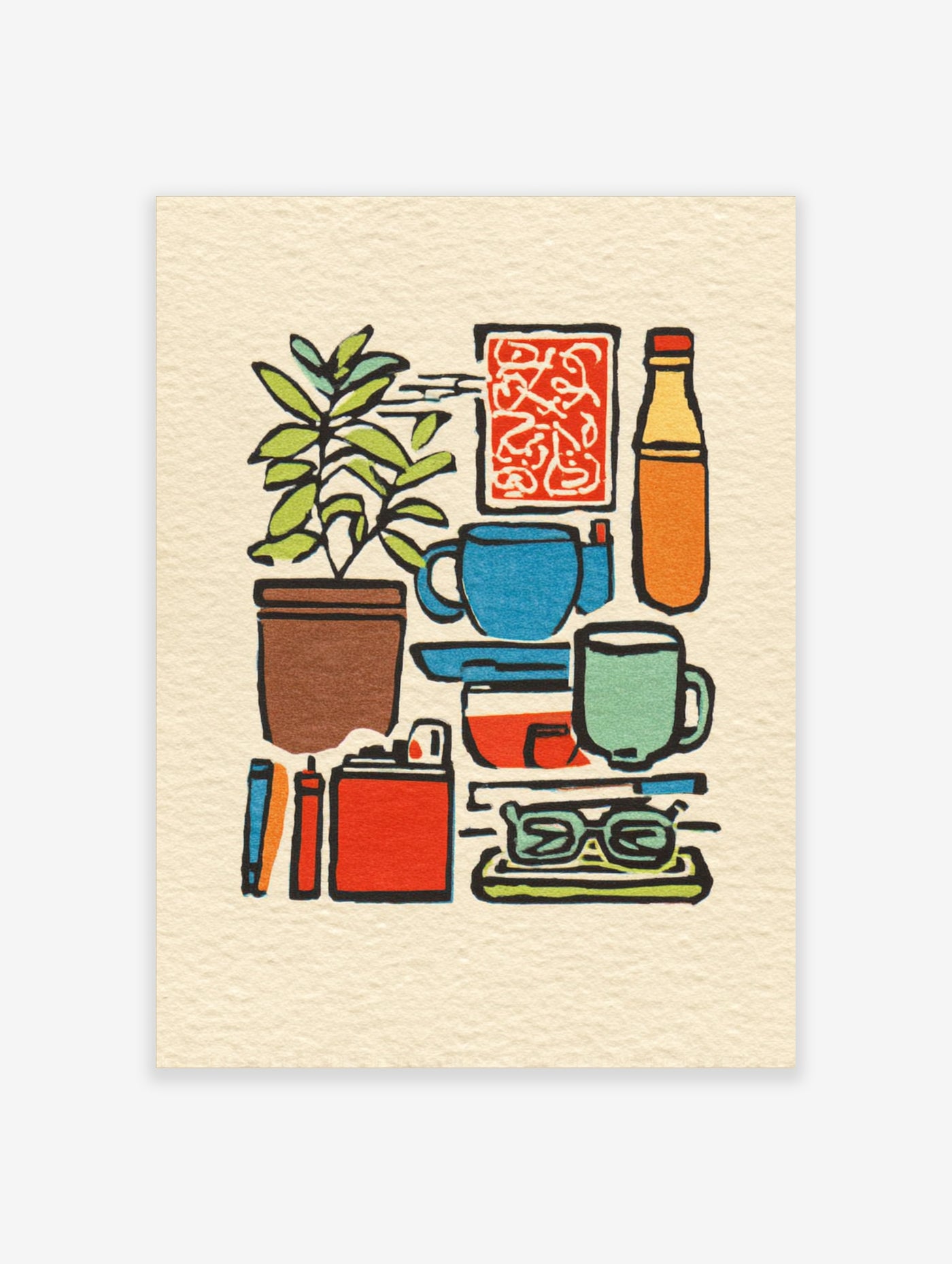 Desk still life illustration print with plant, mugs, bottle, glasses, and red objects on cream background