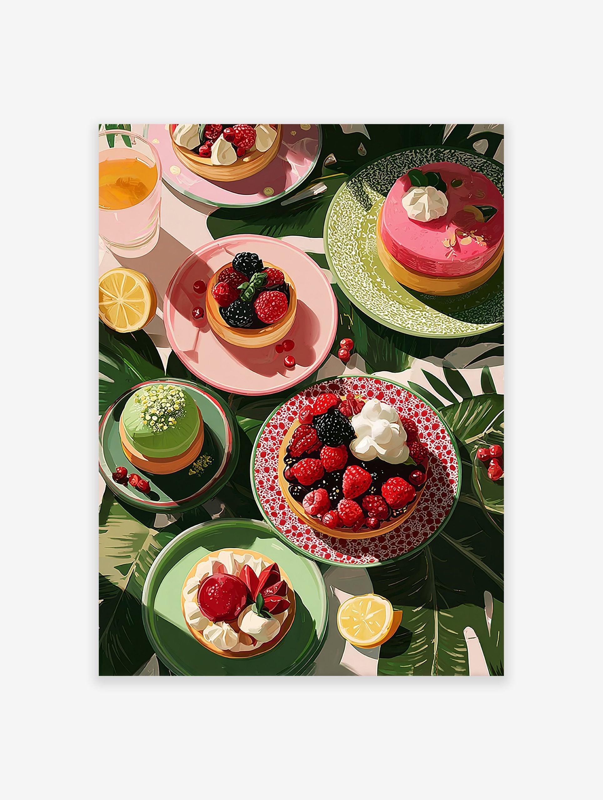 Overhead view of colorful berry tarts, cakes, and juice on plates surrounded by tropical leaves, perfect for dessert wall art.