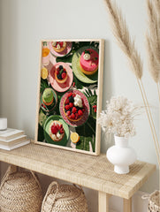 Overhead view of colorful berry tarts, cakes, and juice on plates surrounded by tropical leaves, perfect for dessert wall art. - Image 3
