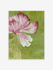 Pink flower illustration with integrated circuit board roots on a solid green background, fine art paper print