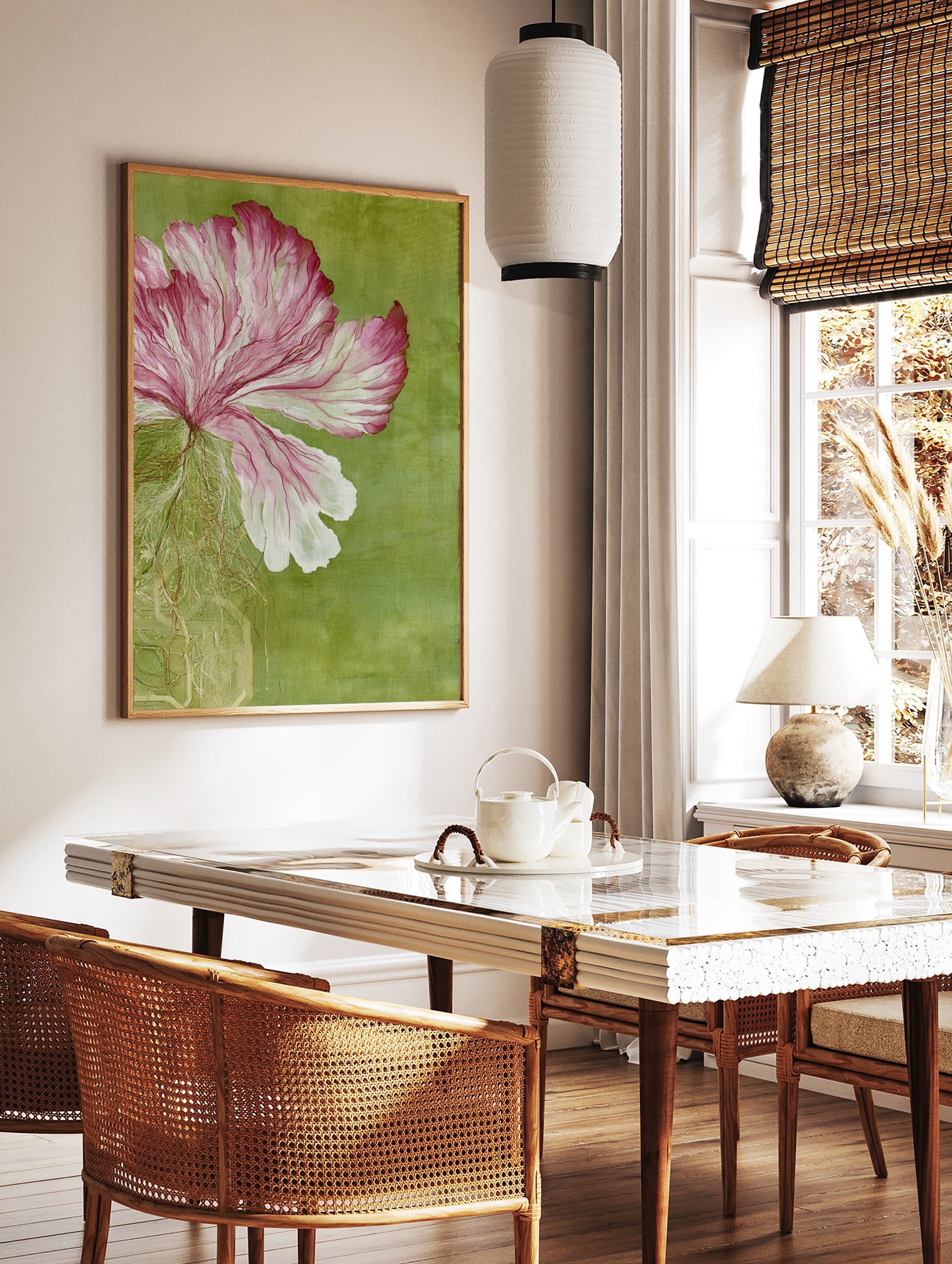 Pink flower illustration with integrated circuit board roots on a solid green background, fine art, in a styled room mockup