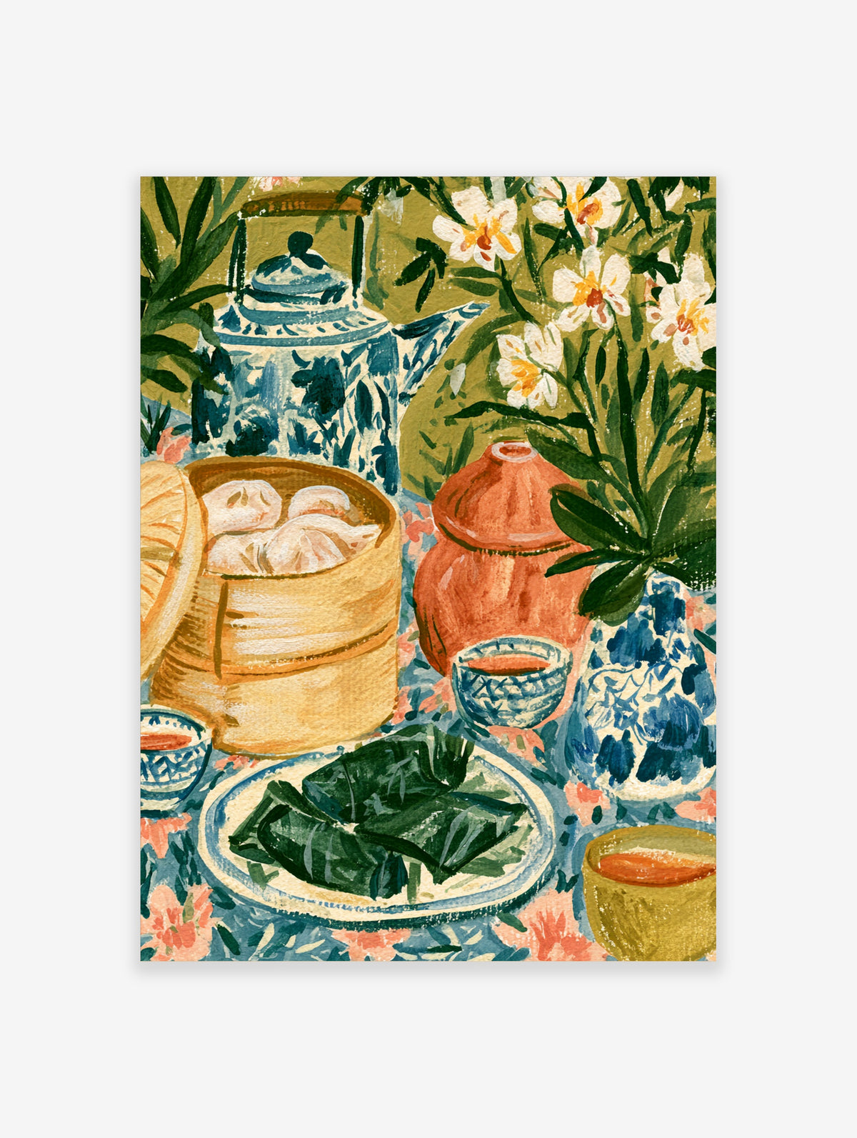 Dim sum and blue willow tea poster with bamboo steamer, rice dumplings, teapot, and floral vase
