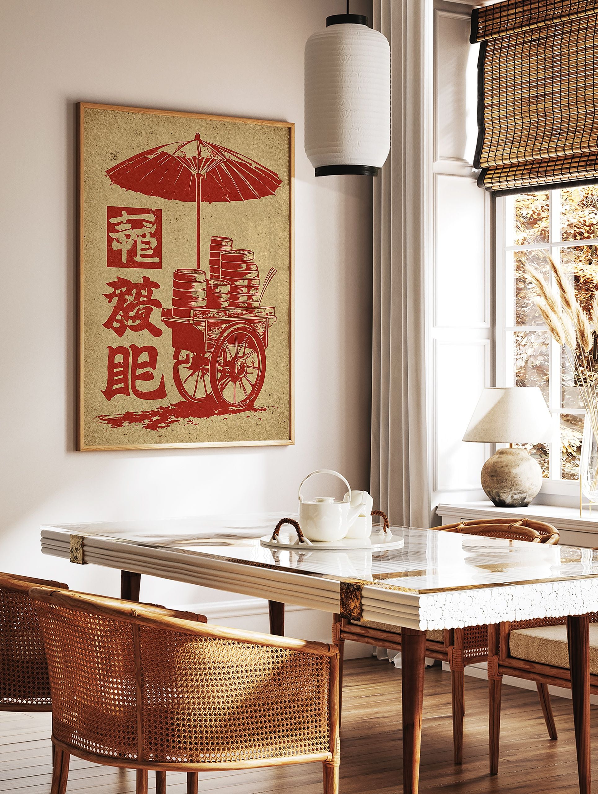 Vintage red illustration of a Chinese dim sum street food cart with an umbrella and stacked steamers on a beige background. - Image 3