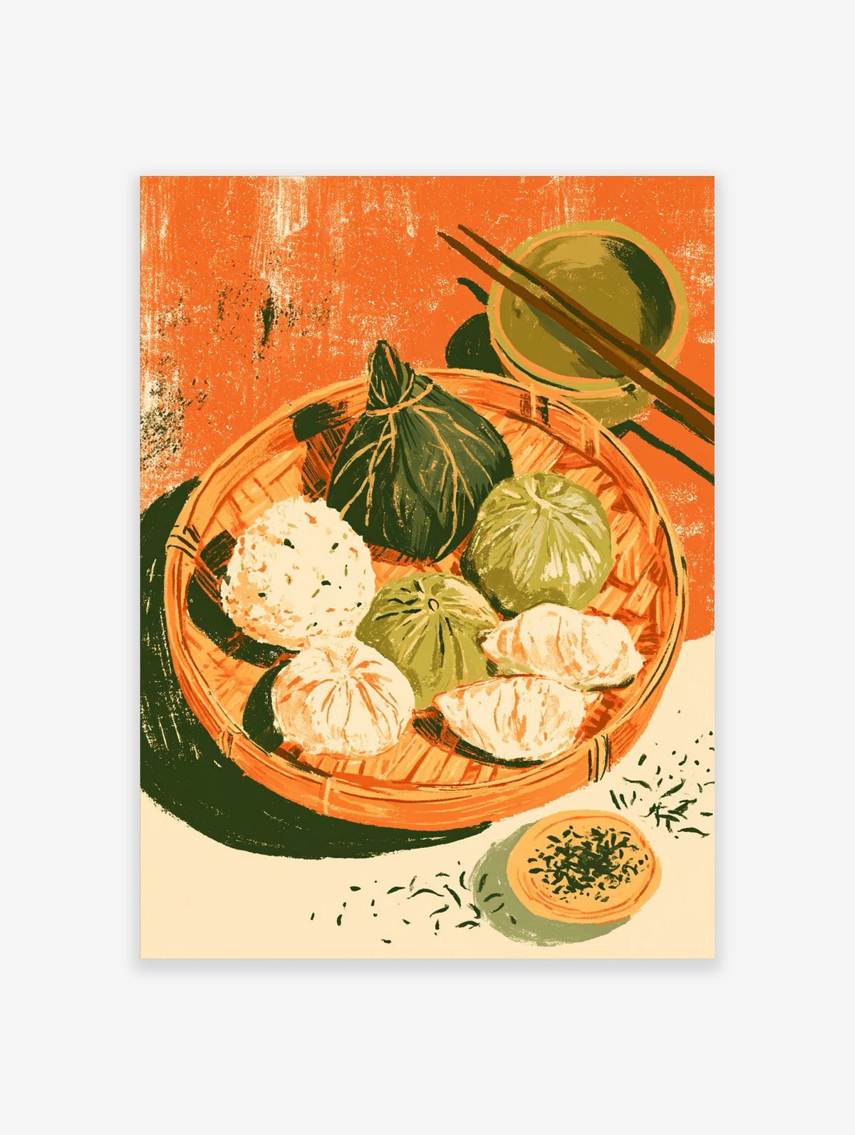 Dim sum steamer basket poster with dumplings, rice rolls, chopsticks, and tea leaves on an orange background