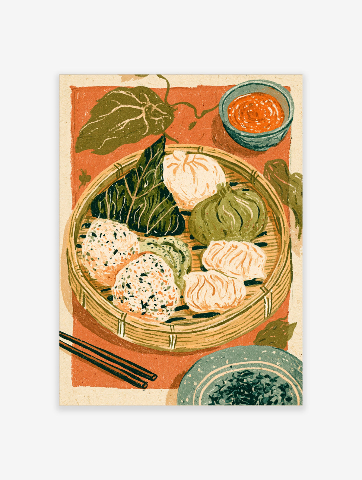 Dim sum steamer illustration with dumplings, chilli oil, and chopsticks on orange background