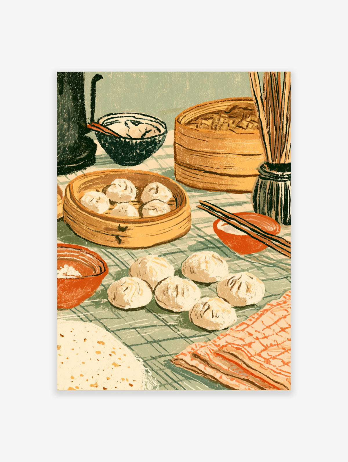 Dim sum wall art print with bamboo steamers, dumplings, chopsticks and teapot on green checked cloth