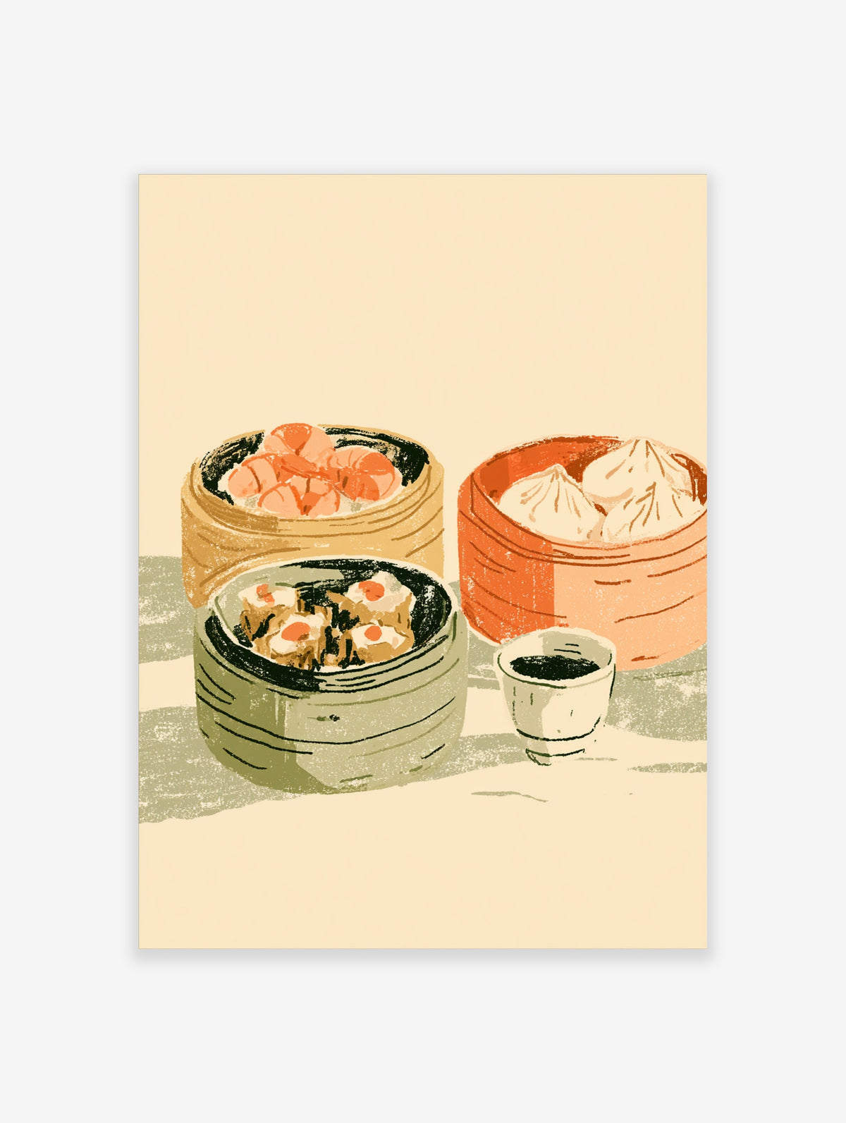Dim sum illustration with bamboo steamers, dumplings, buns, and soy sauce cup on beige background
