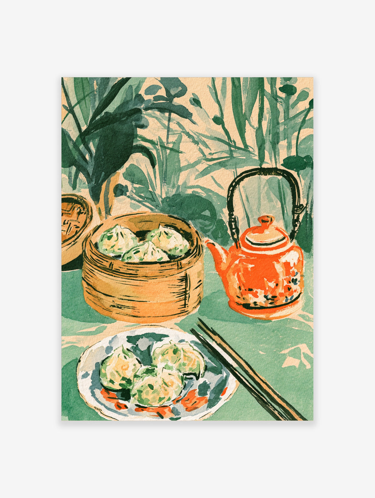 Dim sum wall art print with bamboo steamers, dumplings, orange teapot, chopsticks, and green foliage