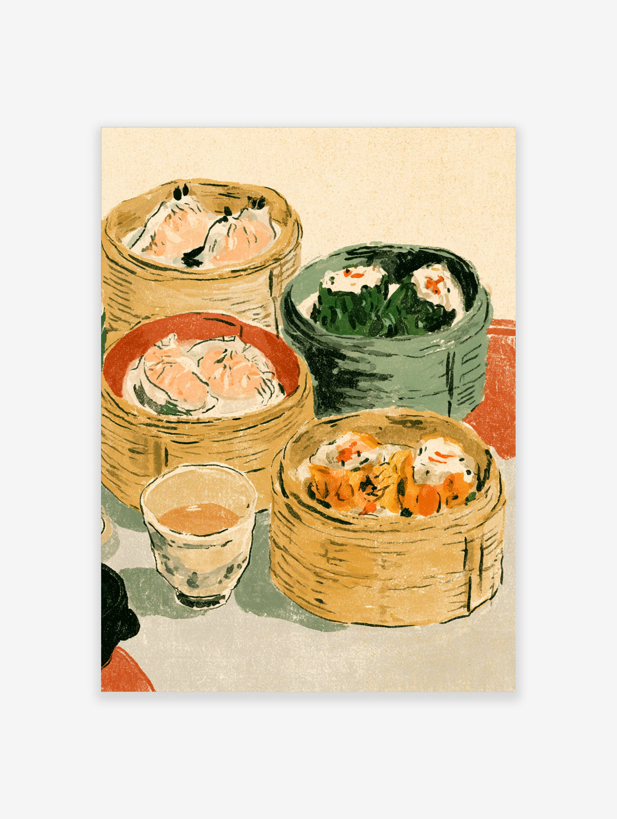 Dim sum wall art print of bamboo steamer baskets with dumplings, buns and tea cup