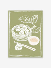 Green dim sum wall art print with white illustrations of dumplings in a steamer, chopsticks, sauce bowl, and leaves.