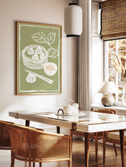 Green dim sum wall art print with white illustrations of dumplings in a steamer, chopsticks, sauce bowl, and leaves. - Image 3
