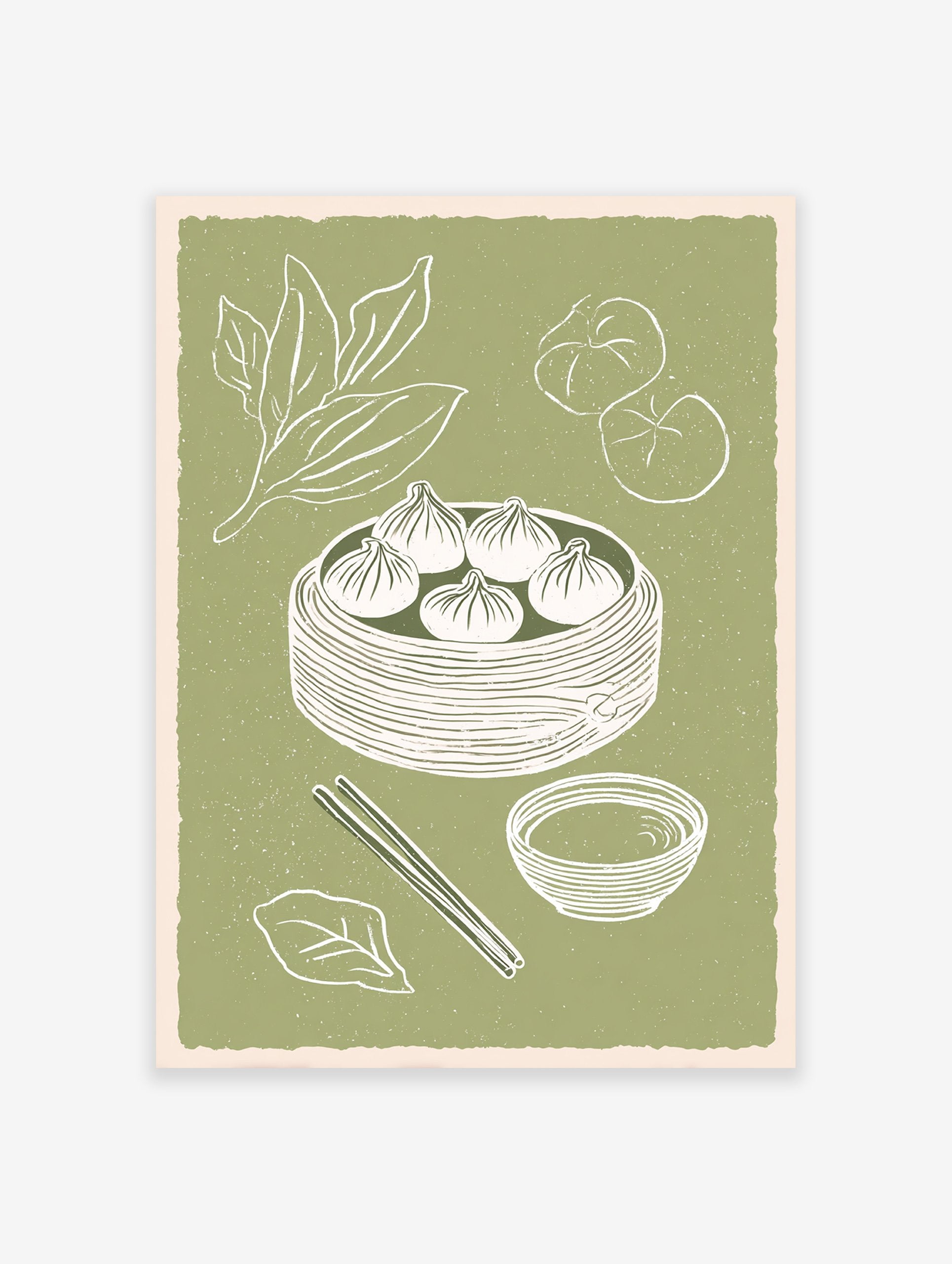 Illustrated dim sum wall art print featuring steamed dumplings in a bamboo basket, chopsticks, and sauce bowl on a green background.