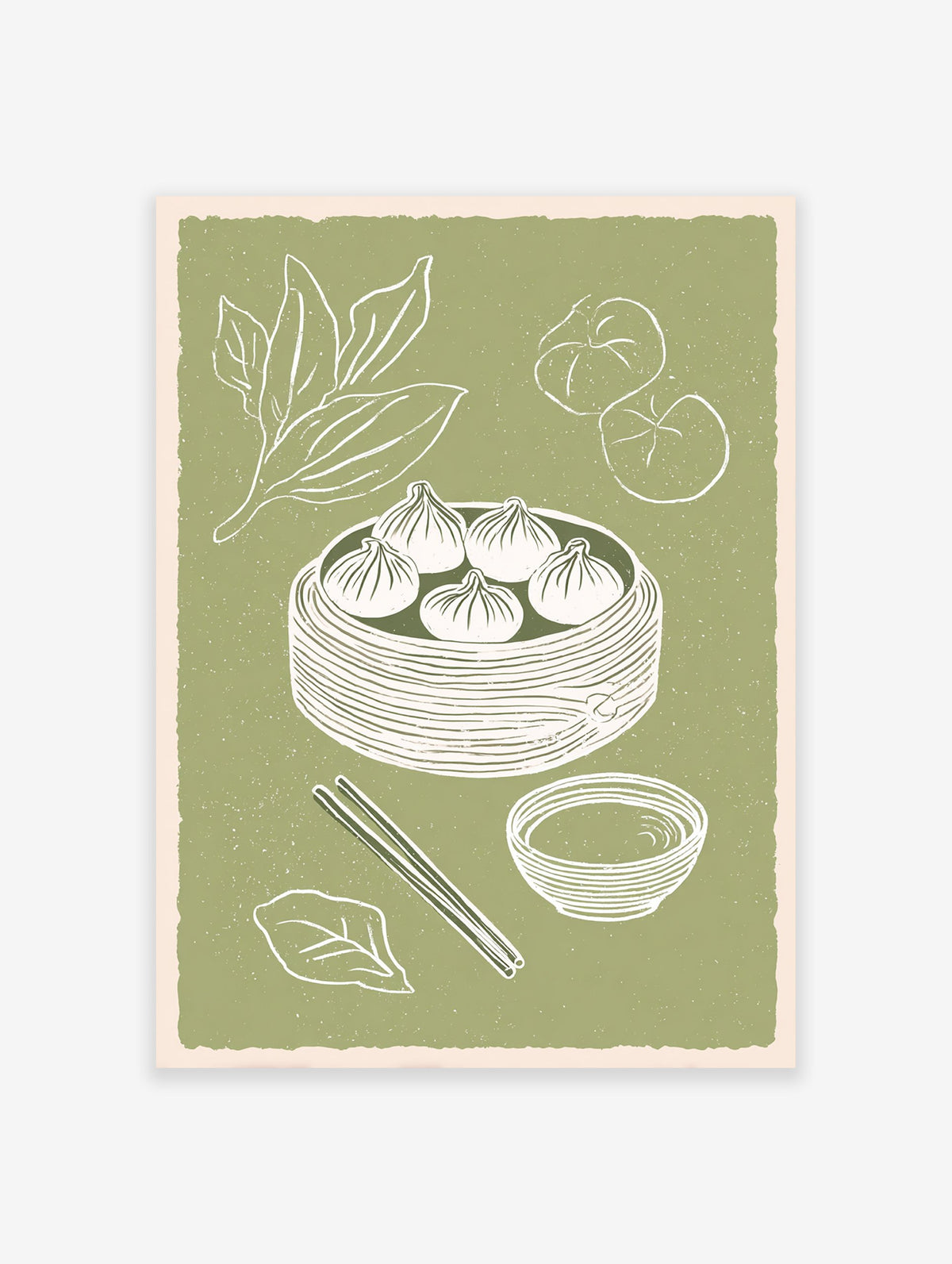 Illustrated dim sum wall art print featuring steamed dumplings in a bamboo basket, chopsticks, and sauce bowl on a green background.