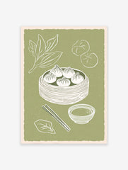 Illustrated dim sum wall art print featuring steamed dumplings in a bamboo basket, chopsticks, and sauce bowl on a green background.