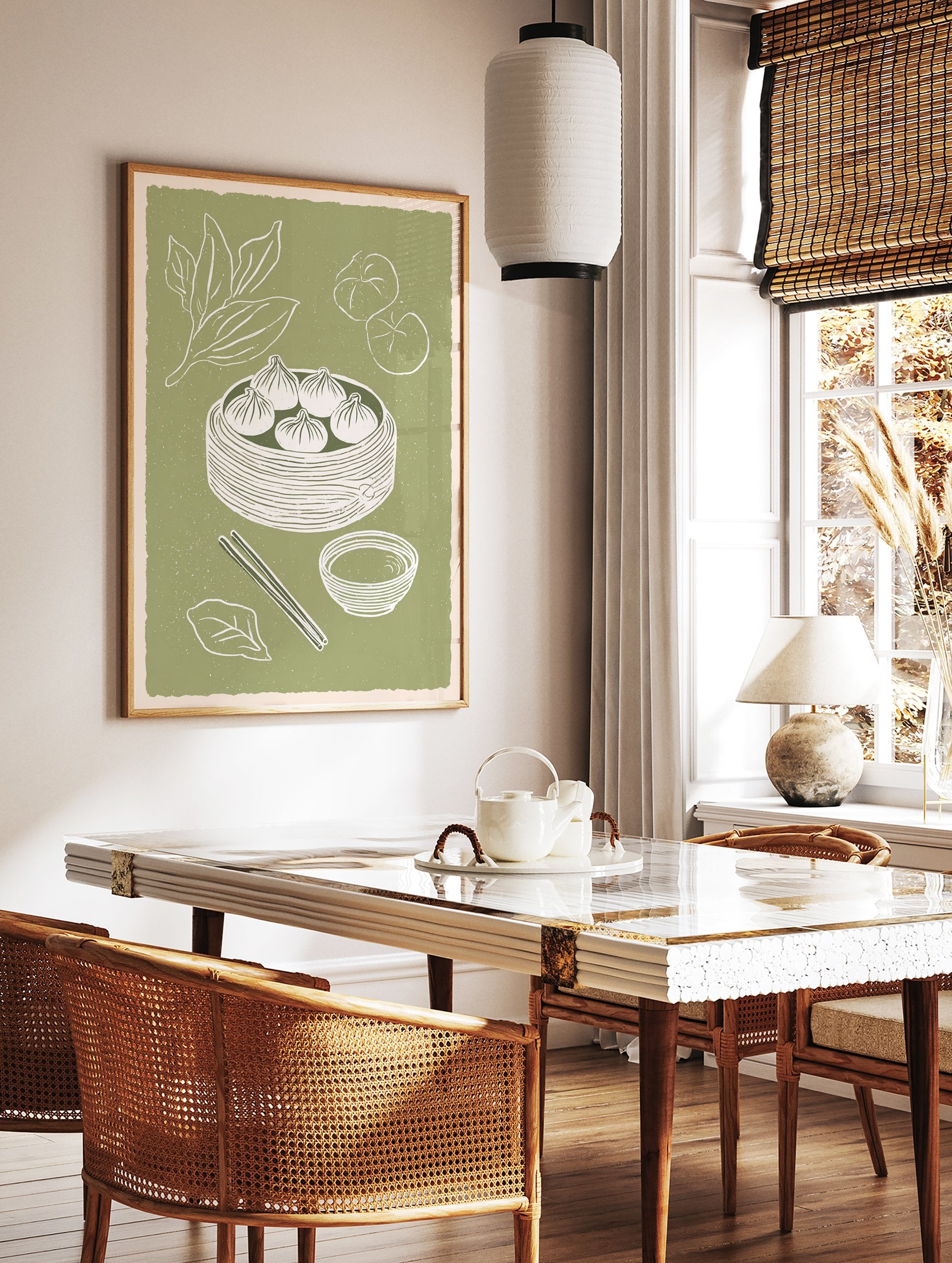 Illustrated dim sum wall art print featuring steamed dumplings in a bamboo basket, chopsticks, and sauce bowl on a green background. - Image 3