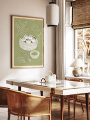Illustrated dim sum wall art print featuring steamed dumplings in a bamboo basket, chopsticks, and sauce bowl on a green background. - Image 3