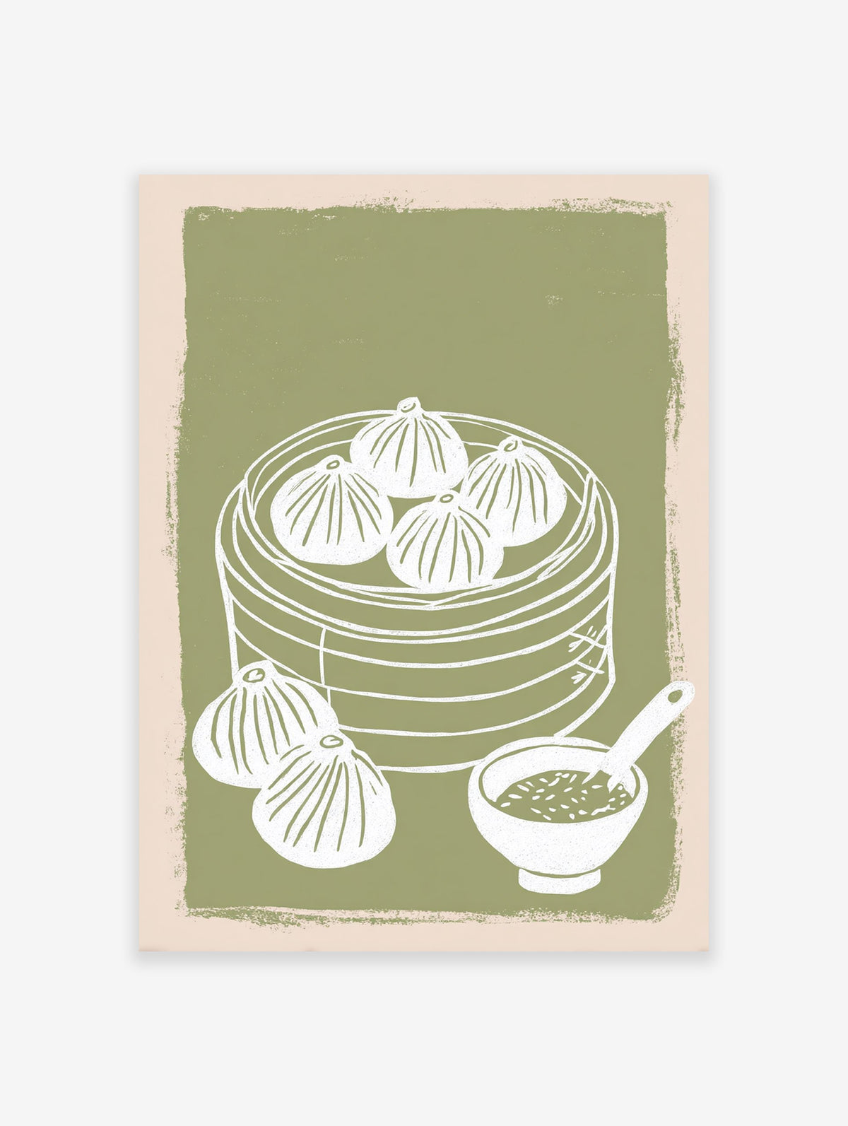 Dim Sum Wall Art illustration showing dumplings in a steamer basket with a sauce bowl on a green background.