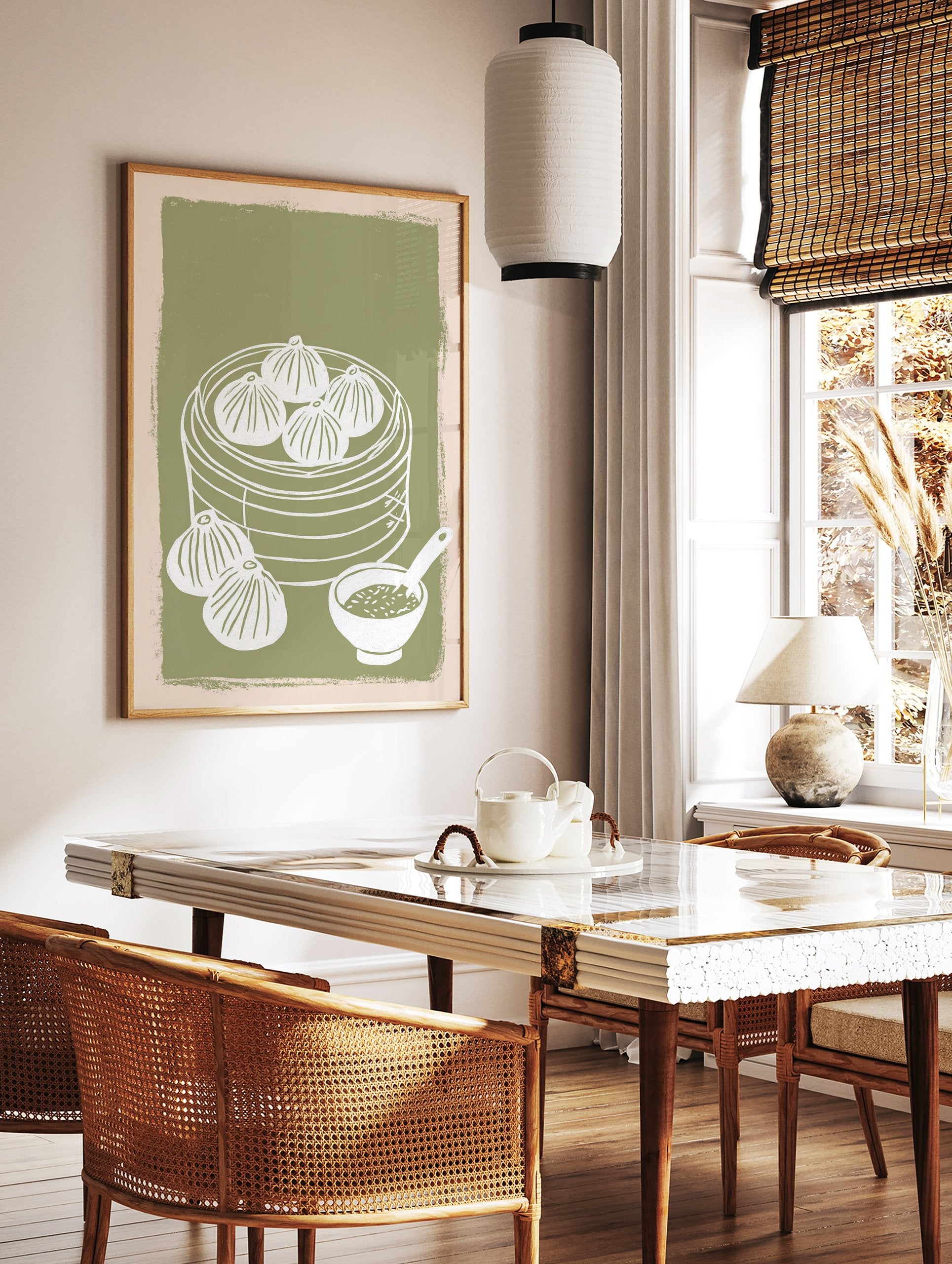 Dim Sum Wall Art illustration showing dumplings in a steamer basket with a sauce bowl on a green background. - Image 3