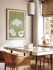 Dim Sum Wall Art illustration showing dumplings in a steamer basket with a sauce bowl on a green background. - Image 3