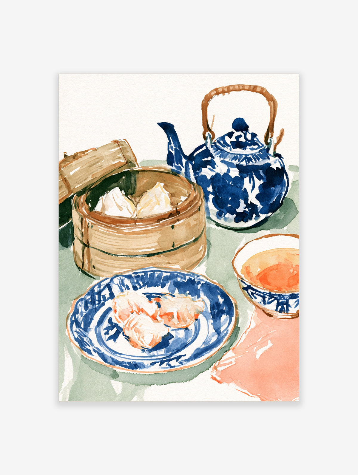 Dim sum watercolour poster with bamboo steamer, blue teapot and prawn dumplings on a plate