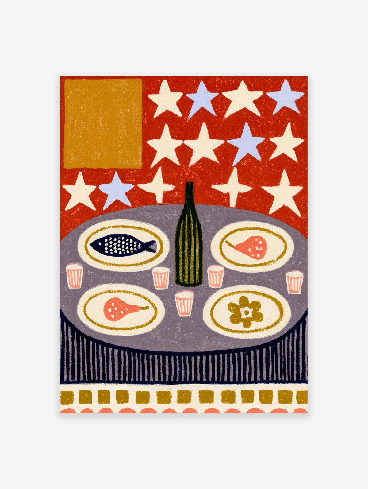 Illustrative kitchen wall art print featuring a dining table with a fish, fruit, and wine on a red star-patterned background