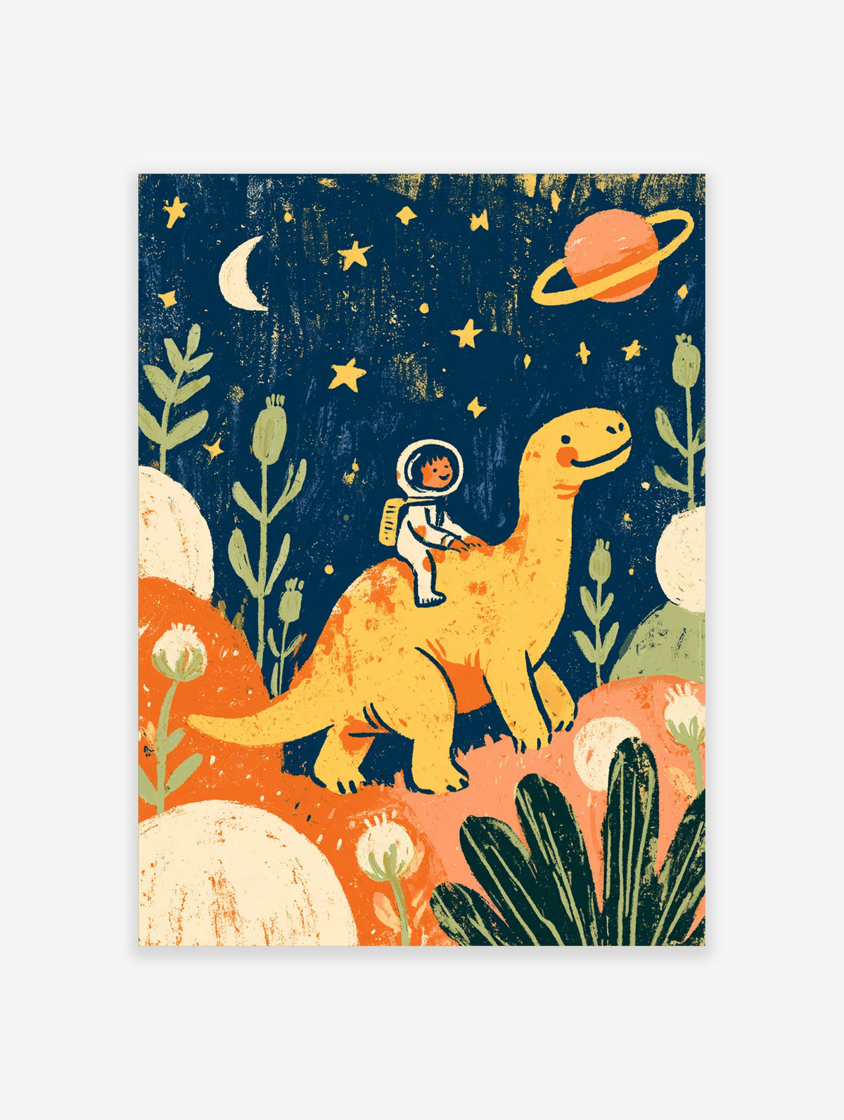 Child astronaut riding a yellow dinosaur under a starry navy sky with moon and ringed planet, illustrated poster