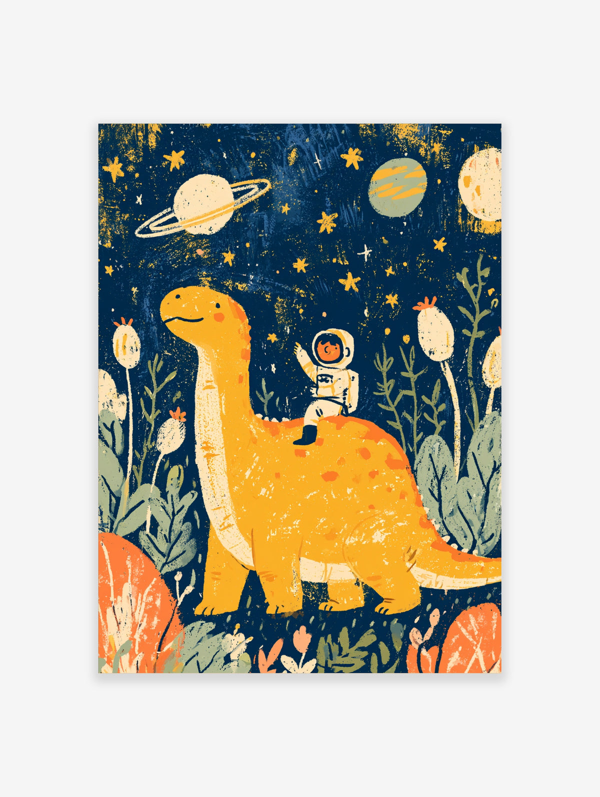 Yellow dinosaur with child astronaut rider in starry navy space scene, paper print