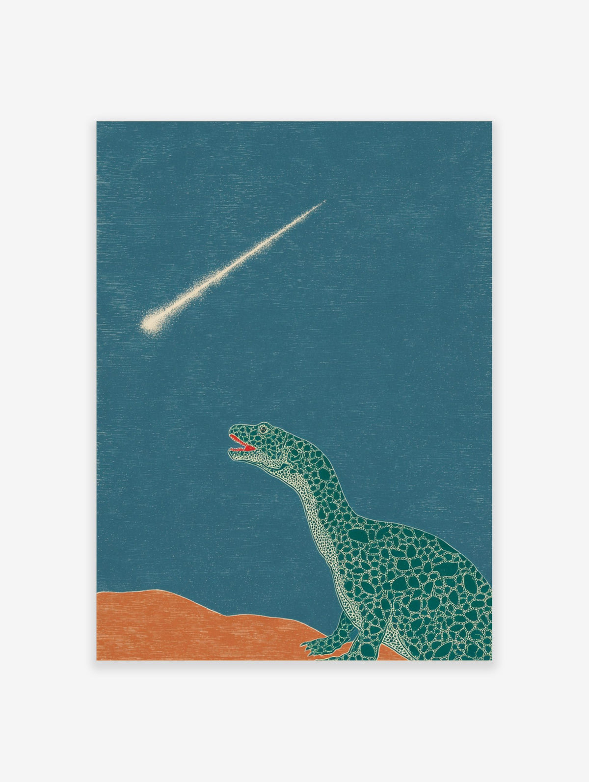 Illustrative dinosaur looking up at a bright meteor streaking across a teal sky with orange ground