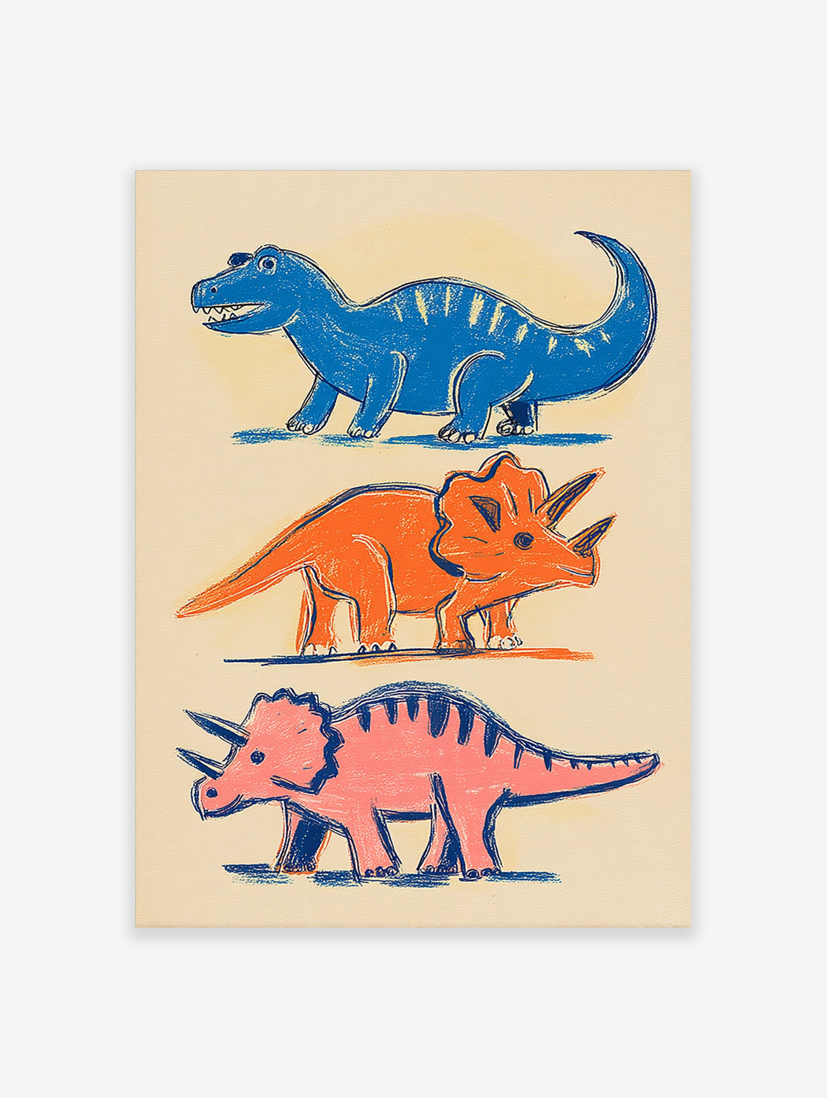 Colourful dinosaur poster with blue T-Rex, orange Triceratops and pink Stegosaurus on cream background