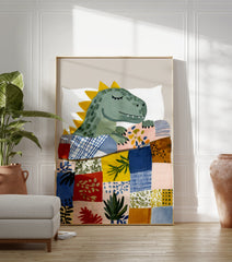 Dinosaur wall art print showing a cute sleeping green dinosaur under a colorful patchwork quilt on a white pillow. - Image 3