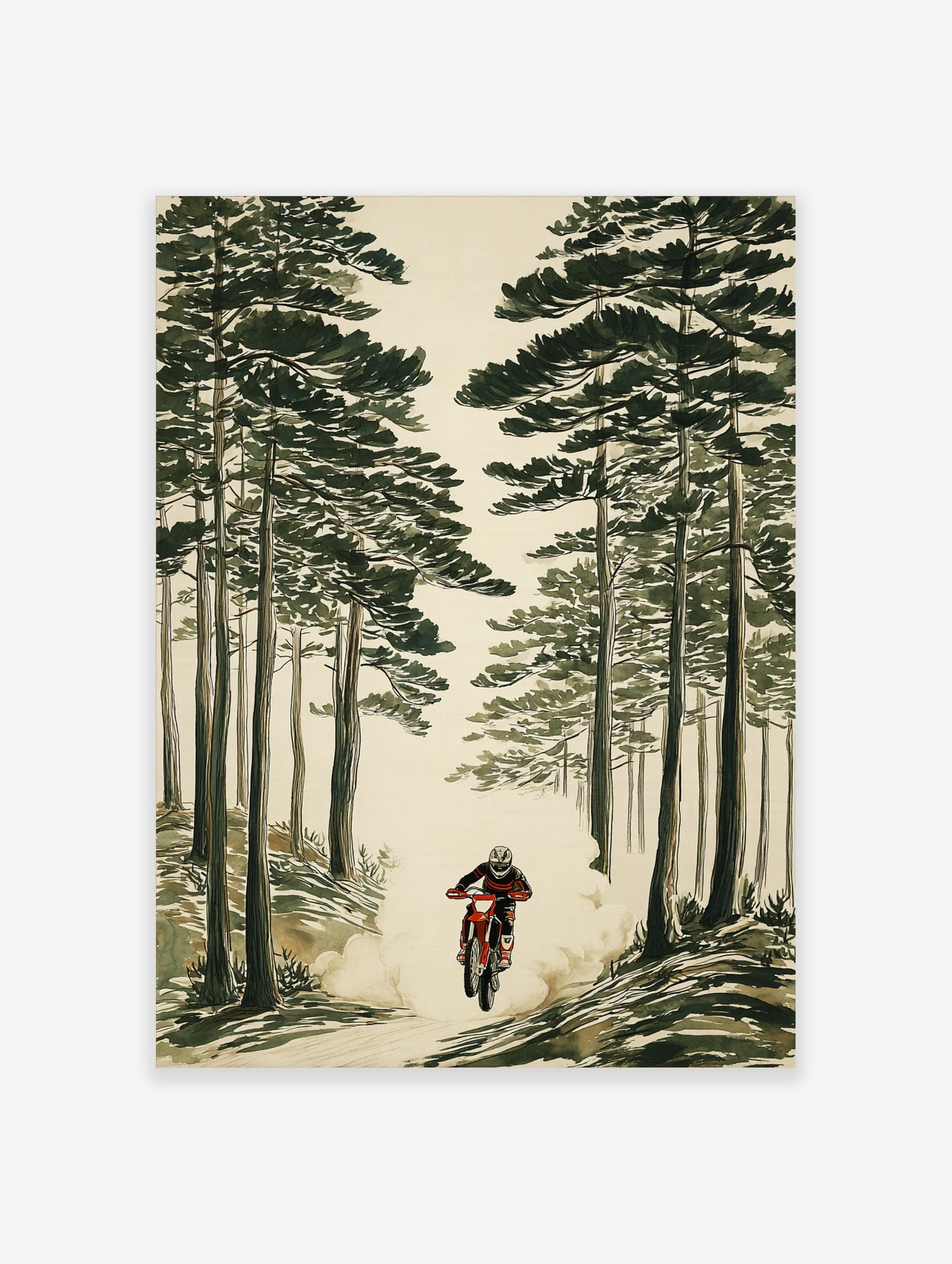 Illustrative print of a motocross rider on a red dirt bike, kicking up dust in a tall green pine forest