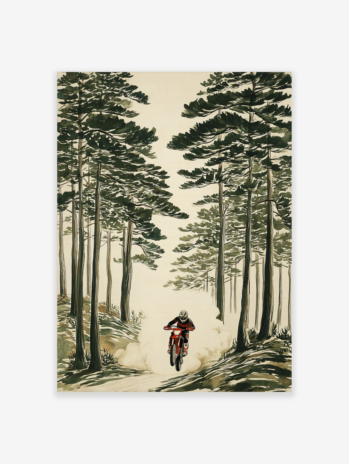 Illustrative print of a motocross rider on a red dirt bike, kicking up dust in a tall green pine forest