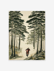 Illustrative print of a motocross rider on a red dirt bike, kicking up dust in a tall green pine forest