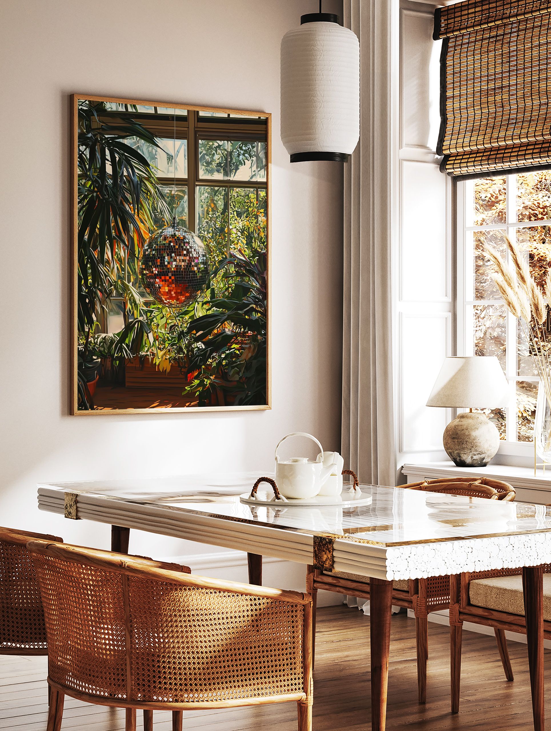 Disco ball poster reflecting sunlight amidst lush green plants in a bright greenhouse setting, a vibrant botanical print. - Image 2
