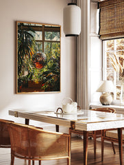 Disco ball poster reflecting sunlight amidst lush green plants in a bright greenhouse setting, a vibrant botanical print. - Image 2