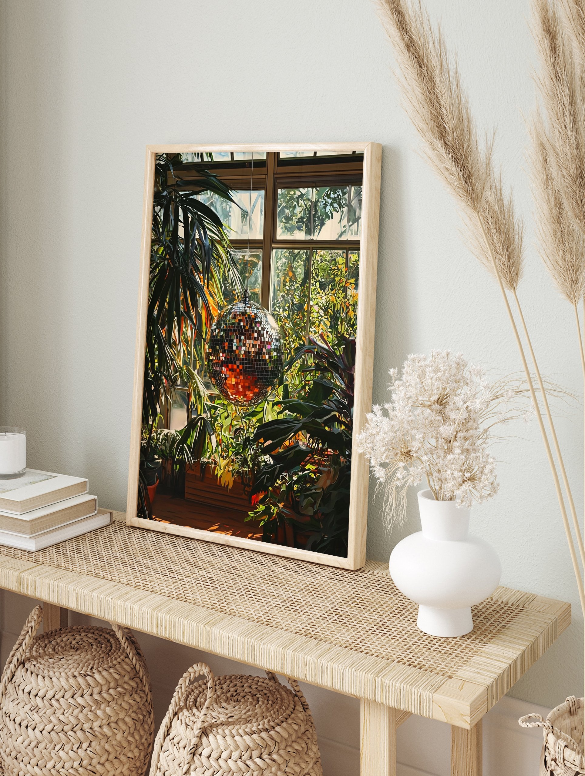 Disco ball poster reflecting sunlight amidst lush green plants in a bright greenhouse setting, a vibrant botanical print. - Image 4