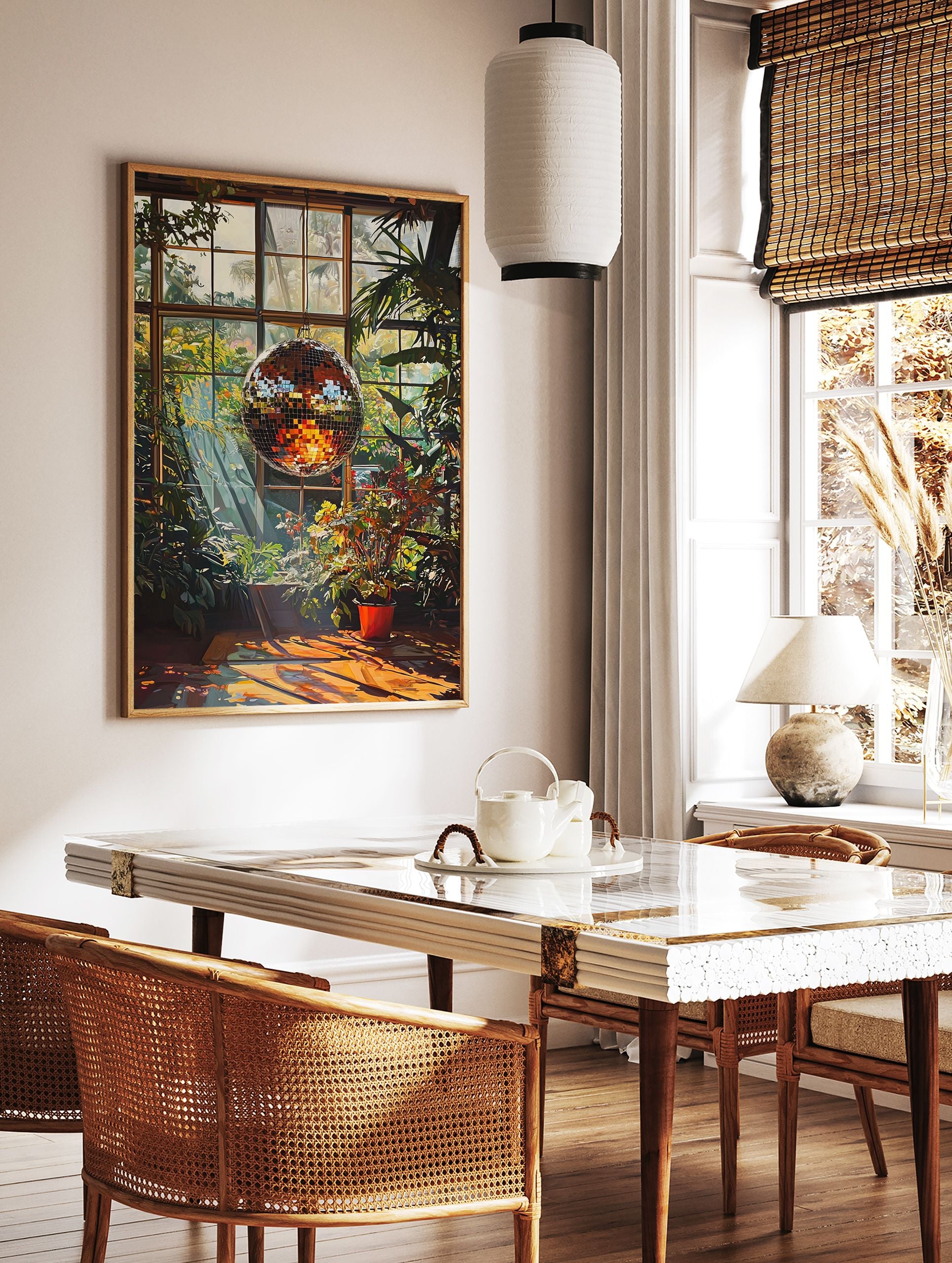 Disco ball poster in a sunlit greenhouse filled with lush green plants and warm reflections on the wooden floor. - Image 2