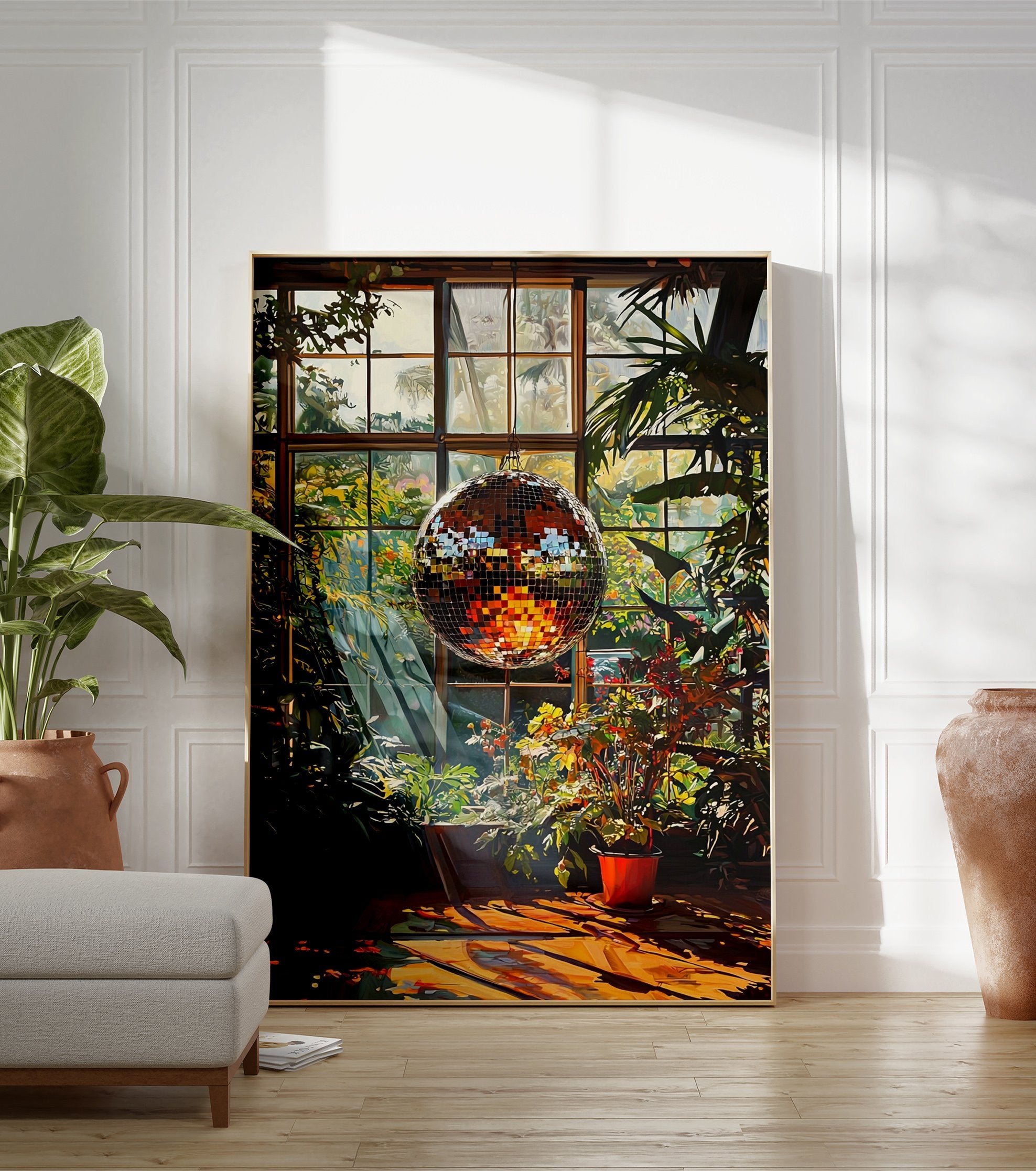 Disco ball poster in a sunlit greenhouse filled with lush green plants and warm reflections on the wooden floor. - Image 3