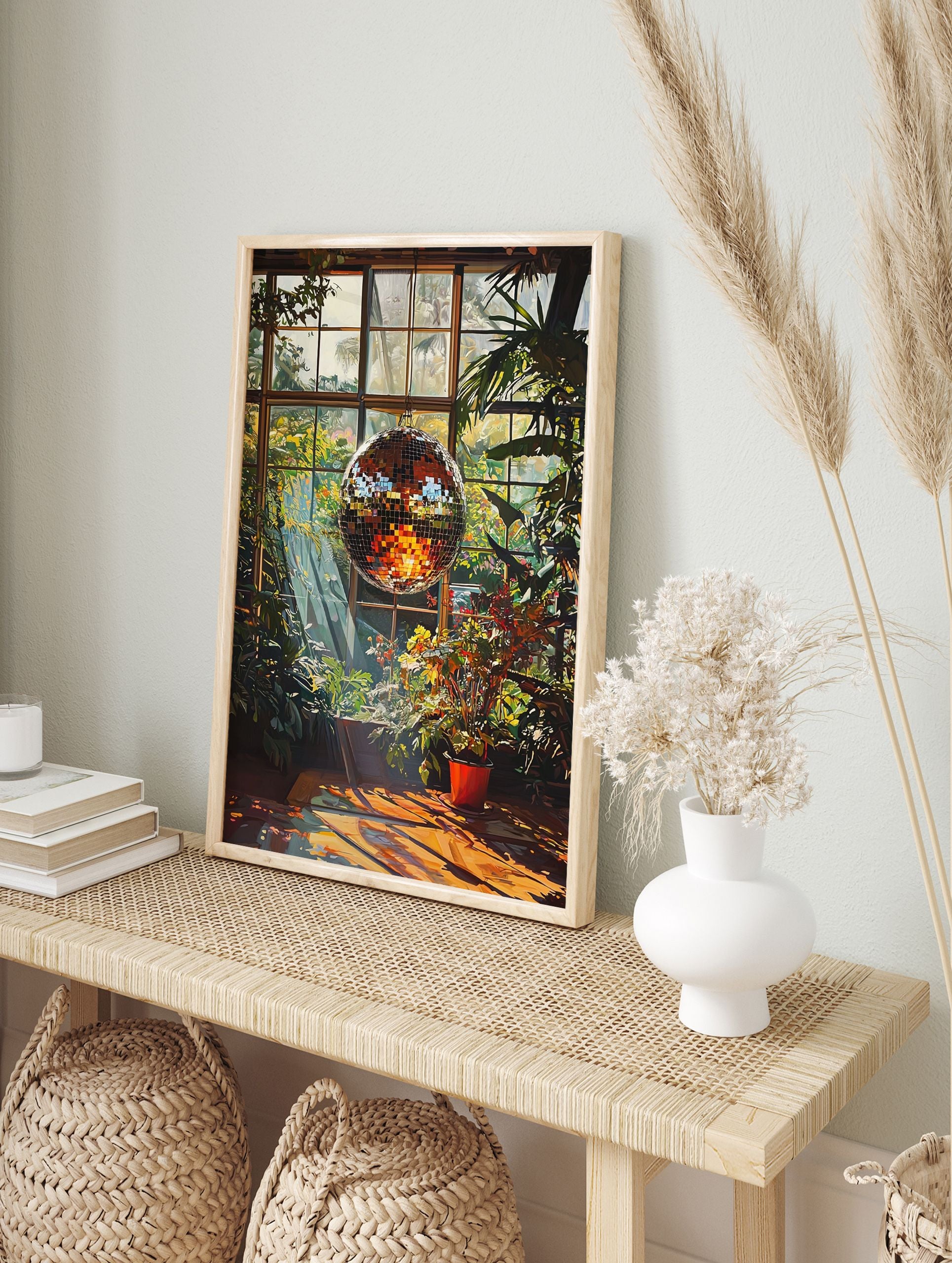 Disco ball poster in a sunlit greenhouse filled with lush green plants and warm reflections on the wooden floor. - Image 4